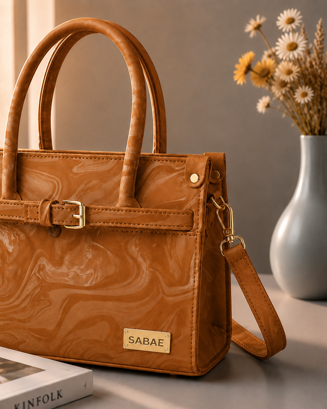 Sabaé Luxe Marble HandBag – Camel Brown