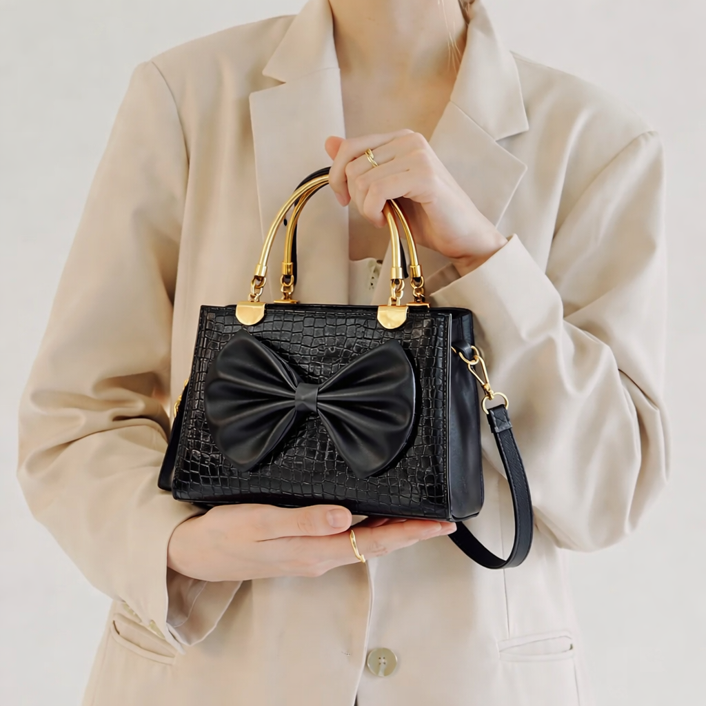 Elegant Black Bow Handbag with Gold Accents – Perfect for Every Occasion