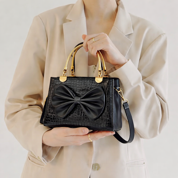 Elegant Black Bow Handbag with Gold Accents – Perfect for Every Occasion