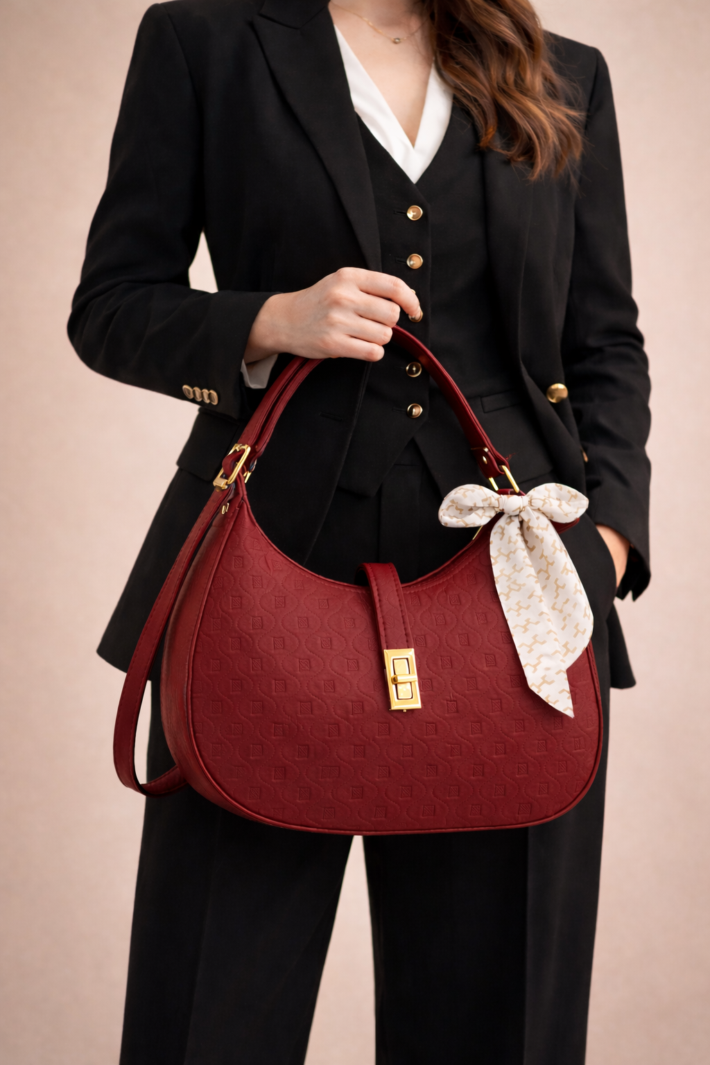 Elegant Mahroon Moon Bag with Golden Accents and Stylish Scarf – The Ultimate Fashion Accessory