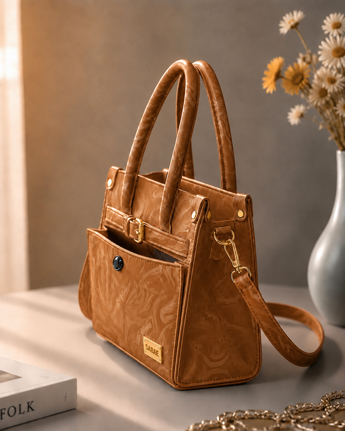 Sabaé Luxe Marble HandBag – Camel Brown