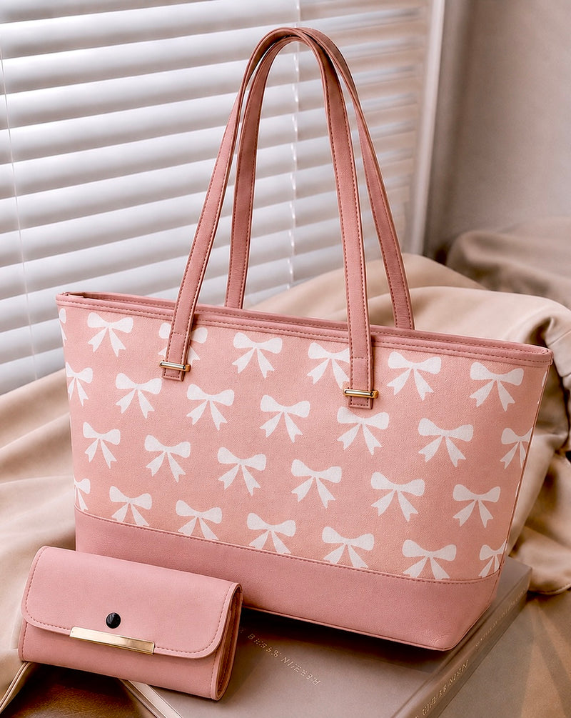 Chic Tote Bag with Bow Pattern & Stylish Gold Accents - Two-Piece Set