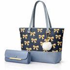 Gray Tote Bag with Beige Bow Pattern & Stylish Blue Accents - Two-Piece Set