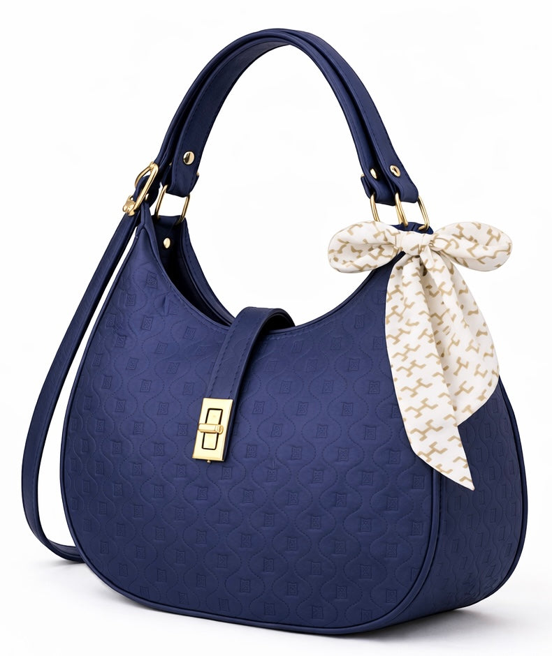 Elegant Blue Moon Bag with Golden Accents and Stylish Scarf – The Ultimate Fashion Accessory