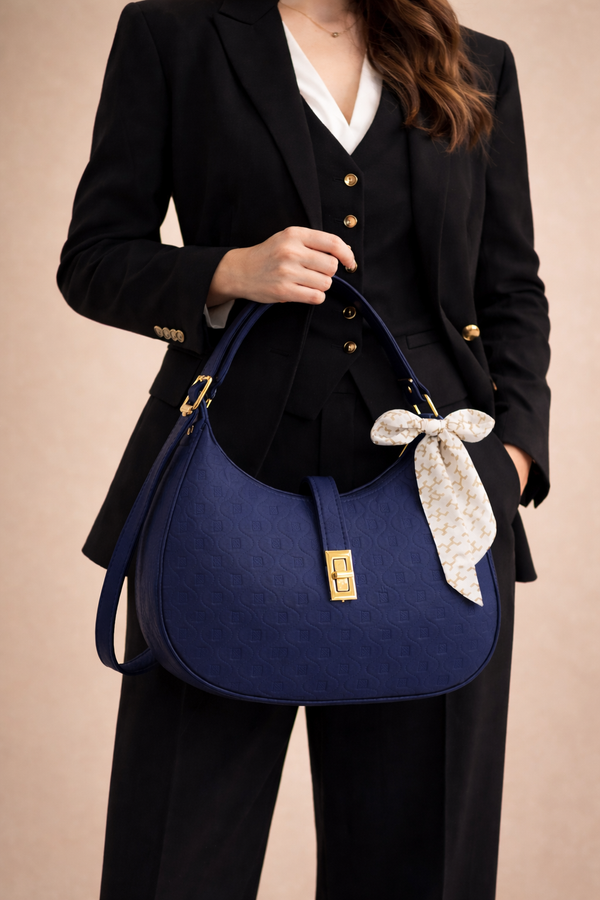 Elegant Blue Moon Bag with Golden Accents and Stylish Scarf – The Ultimate Fashion Accessory