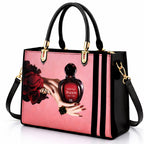 Black and Pink Handbag with Vintage Perfume Design – A Fashionable Statement Piece