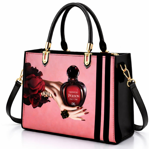 Black and Pink Handbag with Vintage Perfume Design – A Fashionable Statement Piece