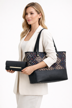 Elegant Two-Piece Canvas Shoulder Bag Set with Long Handles and Matching Pouch