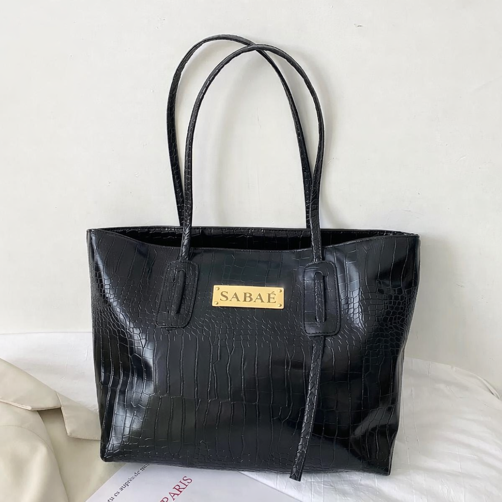 Elegant Croc-Embossed Tote Bag with Gold Logo Accent