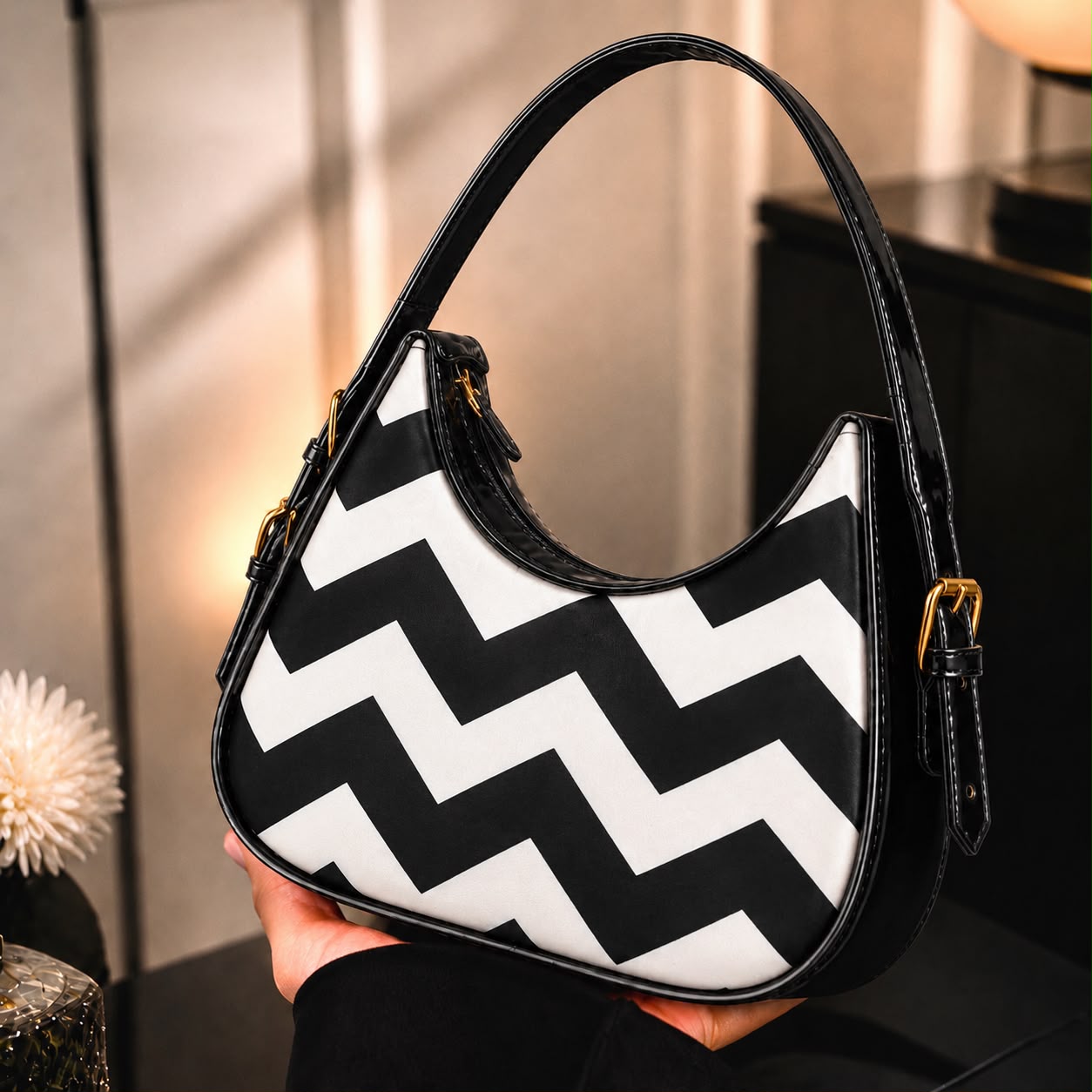 Moon Arc Bag – Black White Zigzag