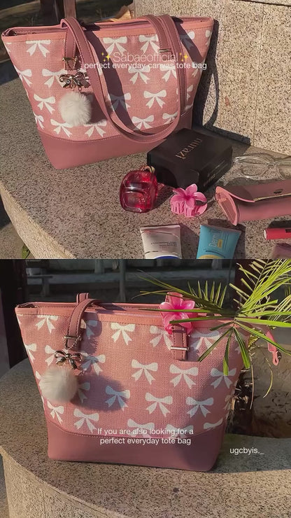 Chic Tote Bag with Bow Pattern & Stylish Gold Accents - Two-Piece Set