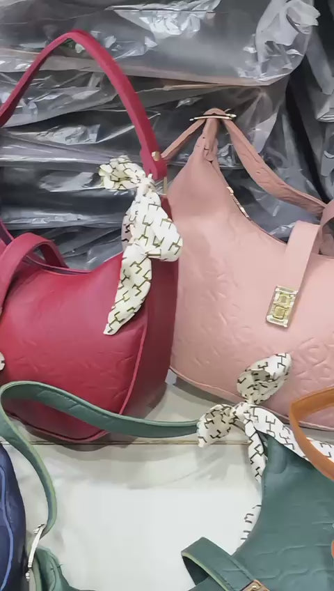 Elegant Camel Brown Moon Bag with Golden Accents and Stylish Scarf – The Ultimate Fashion Accessory