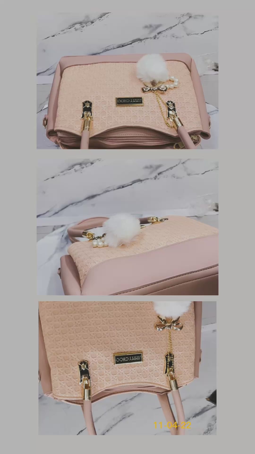 Elegant Navy Blue Designer Handbag with Gold Hardware & Pom-Pom Charm