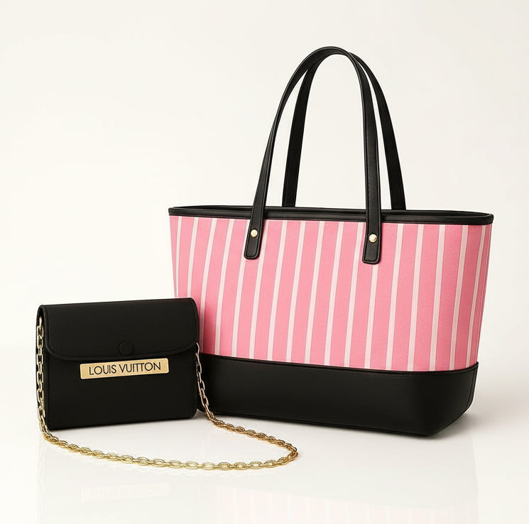 Stylish Pink Striped  Tote and Elegant Black Chain Bag Set